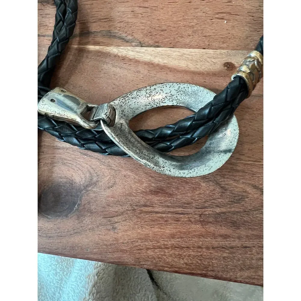 Brighton vintage 90's braided leather belt silver lariat buckle S M L XL black